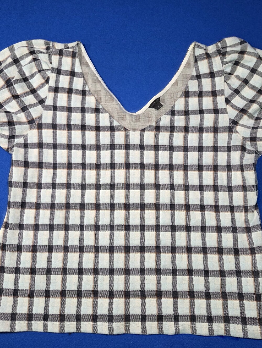 Ann Taylor XL Plaid V Neck Short Sleeve Top